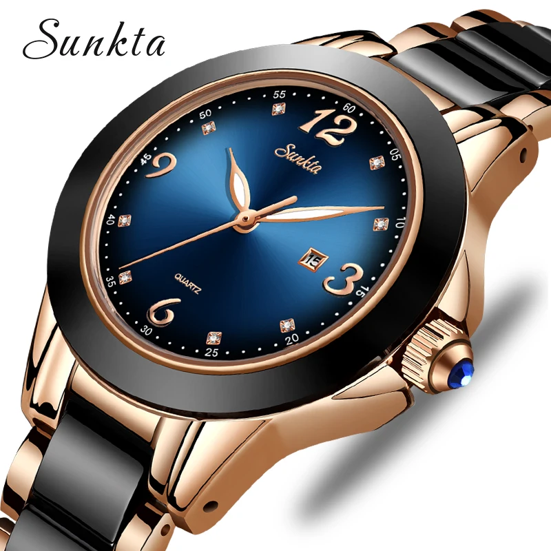 SUNKTA модные женские часы женские топ брендовые роскошные стразы керамические спортивные кварцевые часы женские синие водонепроницаемый браслет для часов