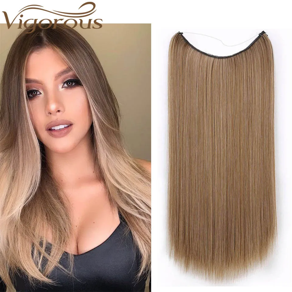 

Vigorous Long 20Inches No Clips In One Piece Women's Silk Straight Synthetic Extension Invisible Wire Hairpiece Heat Resistance