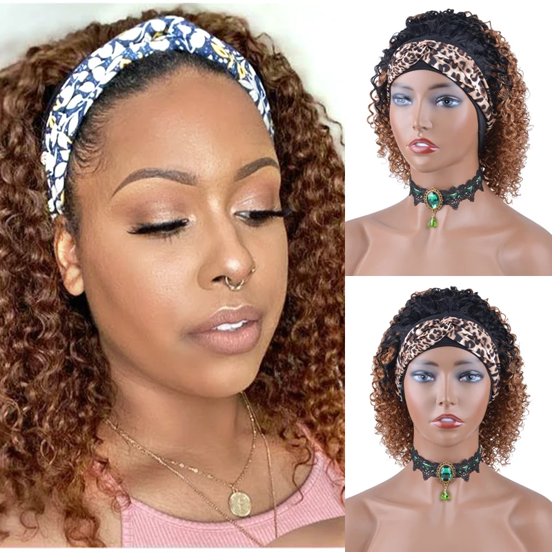 

Headband Wig Human Hair 150% Density Ombre Afro Kinky Curly Wigs for Black Women Brazilian Remy Jerry Curl Scarf Headband Wigs