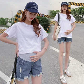 

1121# Summer Thin Washed Denim Maternity Shorts Ripped Hole Casual Hot Belly Shorts Clothes for Pregnant Women Pregnancy Jeans