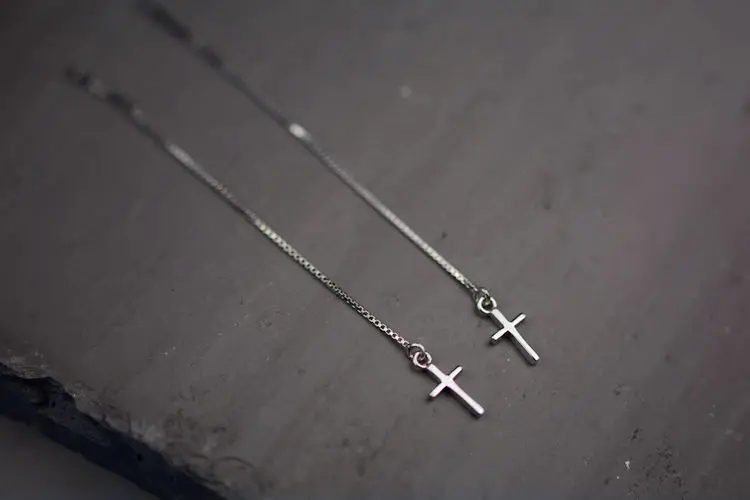 Buyee Kreuz-Ohrring aus 925er-Sterlingsilber, langer Ohrdraht, süßer baumelnder Quasten-Ohrring für Damen und Mädchen, modischer edler Schmuck – Detail 3