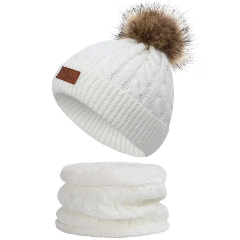 Детская зимняя вязаная шляпа теплая хлопковая шапка в горошек для мальчиков и девочек, повседневная пушистая шапка с помпоном и помпоном, детская шапочка, мягкая шапка - Цвет: White-1