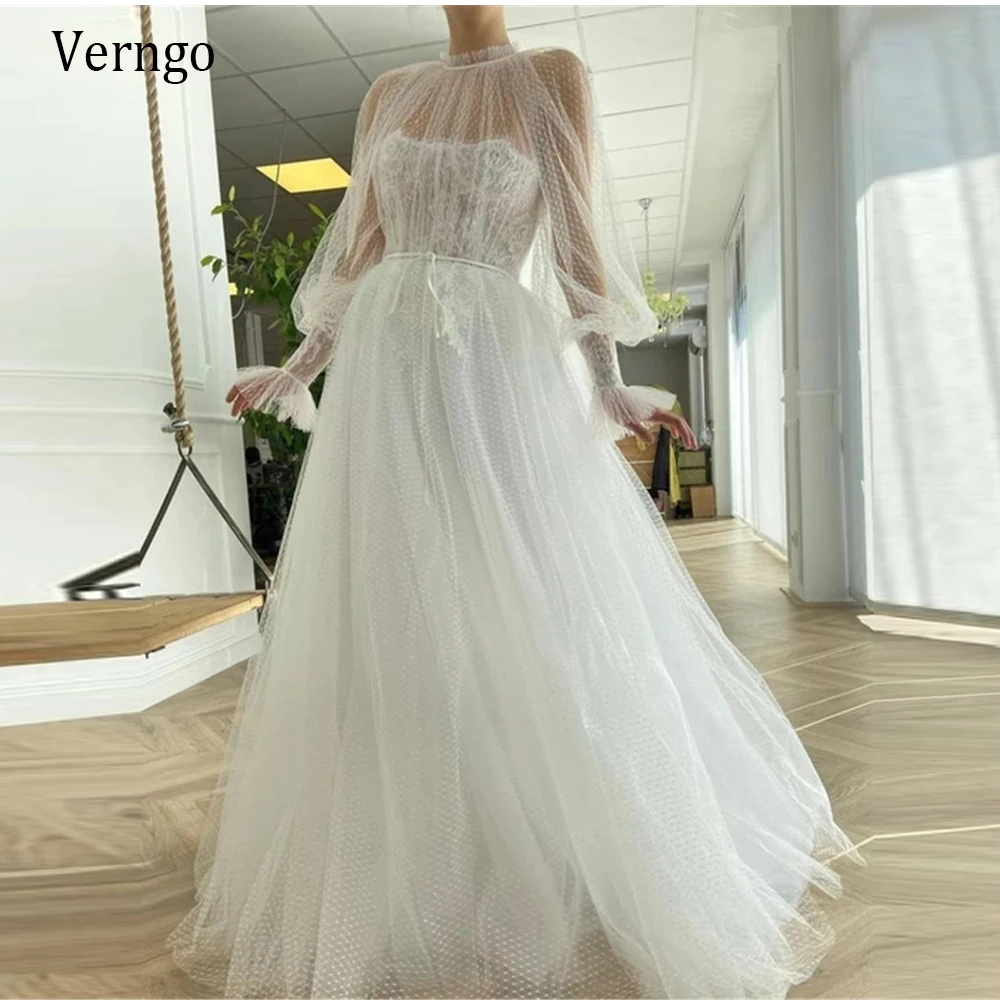 

Verngo Elegant White Swiss Dots Tulle A Line Evening Dresses Sheer Long Sleeves High Neck Lace Fairy 2021 Prom Gowns