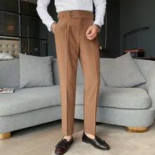  British Style Autumn New Solid High Waist Trousers Men Formal Pants 2022 High Quality Slim Fit Business Casual Suit Pants Hommes 