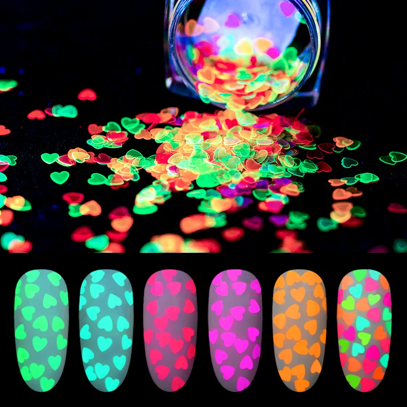 

1g Fluorescent Luminous Nail Art Sequins Heart Shape Ultra-thin Luminous Nail Glitter Flakes Glow in the Dark