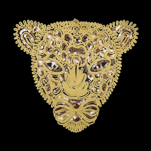 New Large Gold Sequins Leopard Head Patch DIY Clothes Patches For Clothing Sew-on Embroidered Tiger Motif Applique Crafts Gold