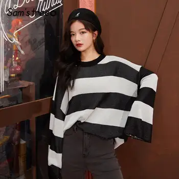 

SAM'S TREE Apricot Colorblock Striped Knit Loose Casual Women Sweater 2020 Spring New Black Long Sleeve Korean Ladies Basic Tops