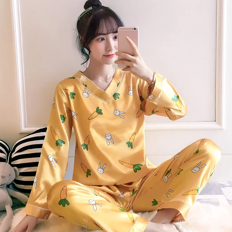 904yellow Пижама с милым рисунком из мультфильма, комплект шелковой женской одежды для сна, весна-осень, новые женские пижамные комплекты с v-образным вырезом, домашняя пижама для молодых девушек - Цвет: 904yellow