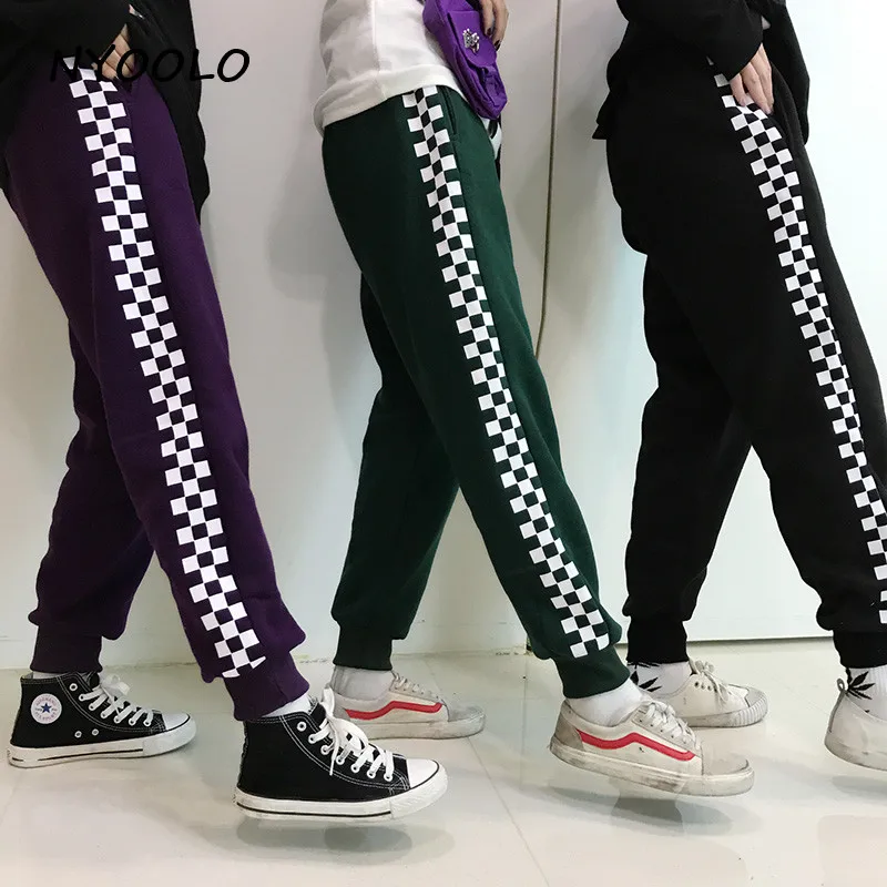 NYOOLO Harajuku уличная одежда в клетку с принтом хип-хоп штаны для бега осень зима эластичный пояс плюс бархатные теплые спортивные штаны для женщин и мужчин