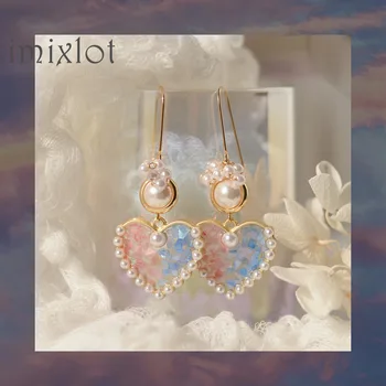

Heart-shaped Earrings Pink Blue Contrast Sequins Summer Japanese Girl Lolita