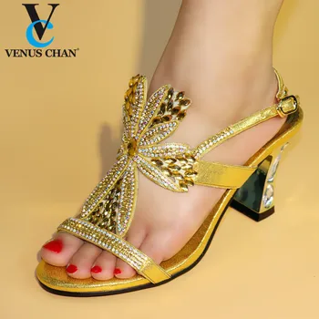 

2020 Gold Color Italian Shoes without Bag for Woman Italian Party African Wedding with Crystal