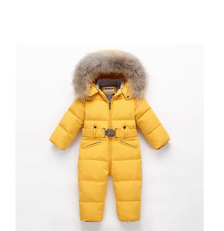 Boys windproof ski down jacket kids Siamese Down Jacket Girls pink jumpsuits Down jacket Baby warmth thick winter long coat - Цвет: yellow