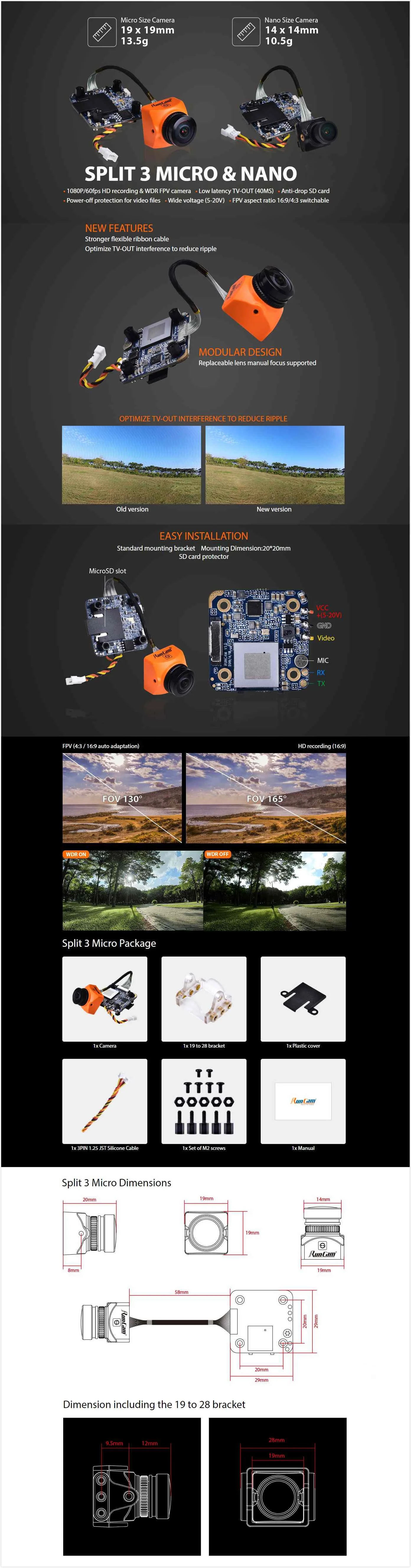 RunCam переключаемая FPV камера split 3 Micro 1080P 60fps HD Запись WDR низкая задержка 16:9/4:3 NTSC/PAL для радиоуправляемого дрона FPV системы