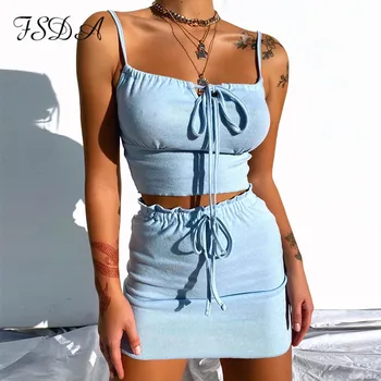 

FSDA 2020 Summer Sexy Outfit Club Spaghetti Strap Crop Top Blue And Mini Bodycon Skirt Women Set Party Two Piece Sets