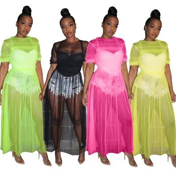 

Summer Fashion Women's Dresses Short Sleeve Round Neck Loose Mesh Perspective Solid Color Sexy Dress Ankle Length Plus Size