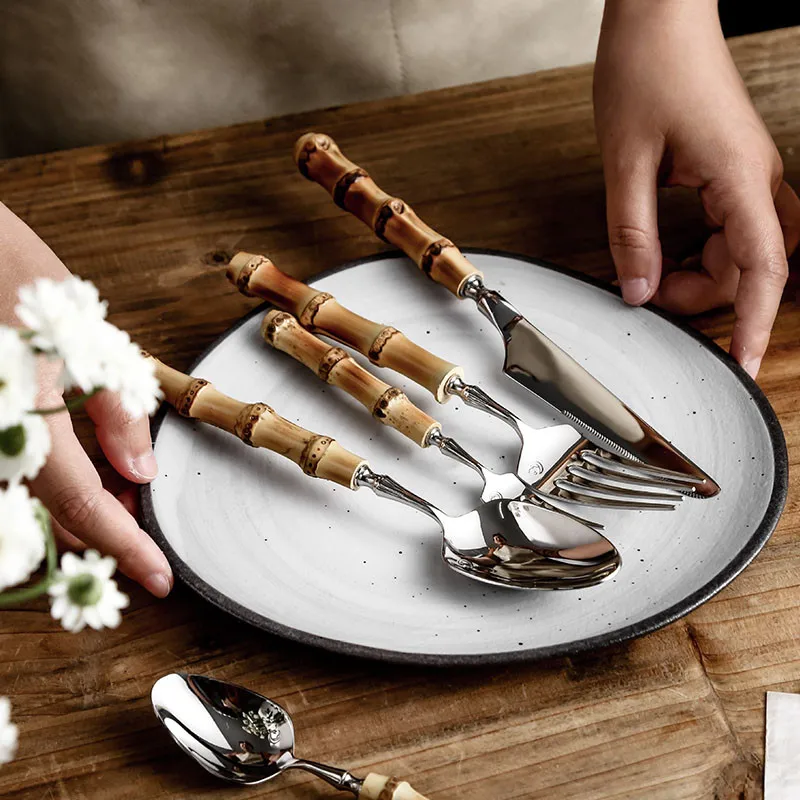 16 24PCS Creative Bamboo Handle Stainless Steel Tableware With Steak Knives Flatware Knives Set Includes Dessert Spoon Forks