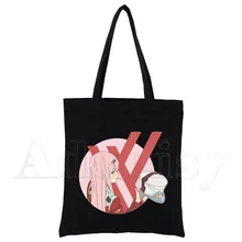 

darling in the franxx Canvas Simple Cartoon Print Shopping Bags Girls Fashion Life Casual Pacakge Hand Bag Black