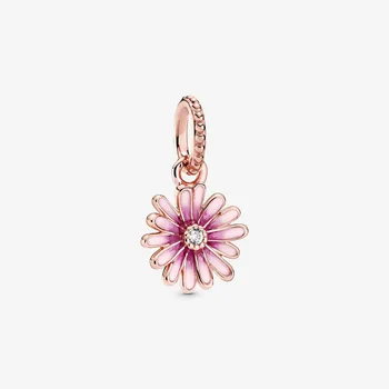 

2020 Spring New 925 Sterling Silver Beads Pink Daisy Flower Dangle Charms fit Original Pandora Bracelets Women DIY Jewelry