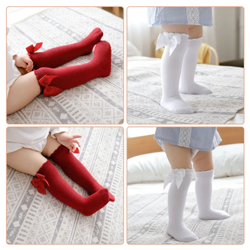 De algodón transpirable larga media de tubo recién nacido bebé niñas hasta la rodilla calcetines lindo Bowknot Solid Color niño infantil princesa volantes