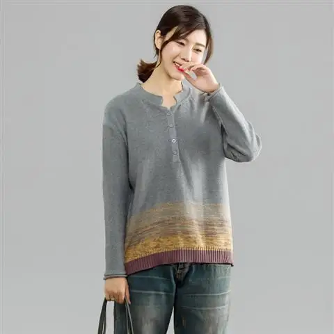 Женские свободные пуловеры с длинным рукавом в художественном стиле на весну и осень, Женский вязаный свитер из хлопка, винтажный Повседневный пуловер D480 - Цвет: gray