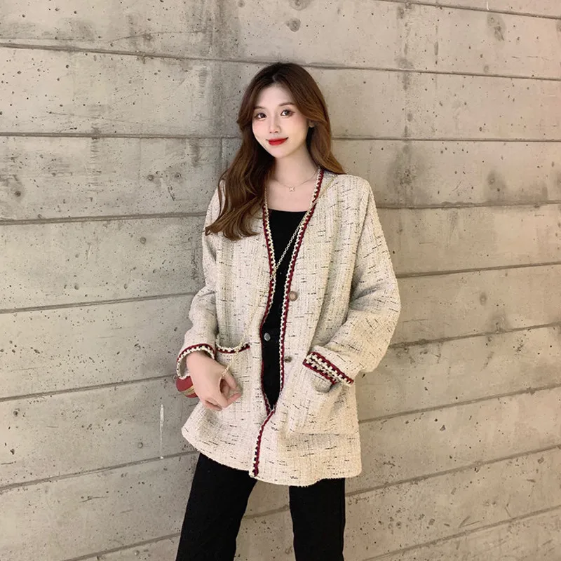 

Fashion Autumn Coat Women 2019 New Retro Tweed Jacket Small Fragrance V-neck Tweed Cardigan Loose Vintage Elegant Windbreaker