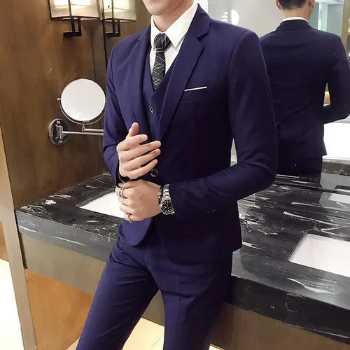 Пиджак+ жилет+ штаны), модные однотонные Цвет High-end жениха свадебное платье деловой костюм для мальчиков, комплект из 3 предметов, костюм, мужские, повседневные, деловые, костюм - Цвет: Navy blue
