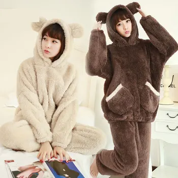 

Winter Plush Pajamas Women Hooded Pullover Sleepwear Solid Color Long-sleeved Two-piece Home Leisure Warm Thickening Ladies Suit