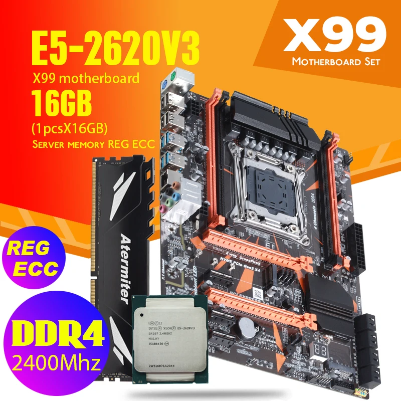 Комплект материнской платы Atermiter X99 D4 с Xeon E5 2620 V3 LGA2011-3 ЦПУ 1 шт. X 16 ГБ = Гб 2400 МГц DDR4