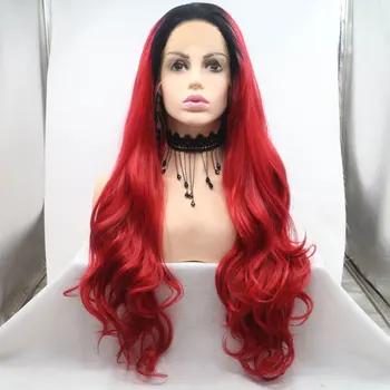 

Ombre Black Roots To Red Body Wave Synthetic Lace Front Wig Heat Resistant Fiber Free Part Natual Hairline For Fashion Women Wig