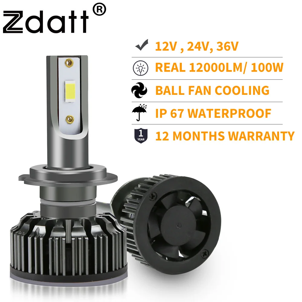 Zdatt H7 Led Canbus H4 H1 H3 H11 H13 для автомобиля светодиодные лампочка HB3 HB4 12V 24V 36V грузовик 100W
