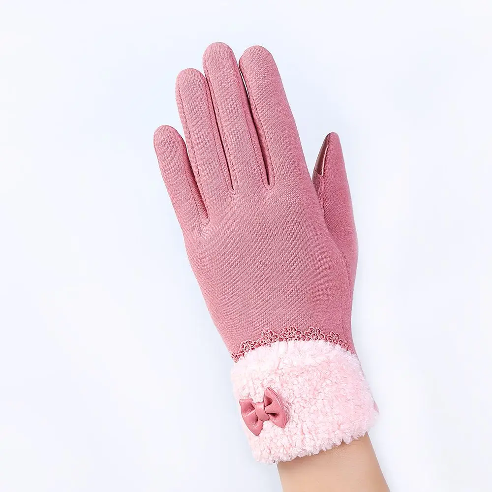 Pink 1 пара, модные женские перчатки с сенсорным экраном, кружевные хлопковые зимние теплые перчатки для вождения, варежки для вождения - Цвет: Pink