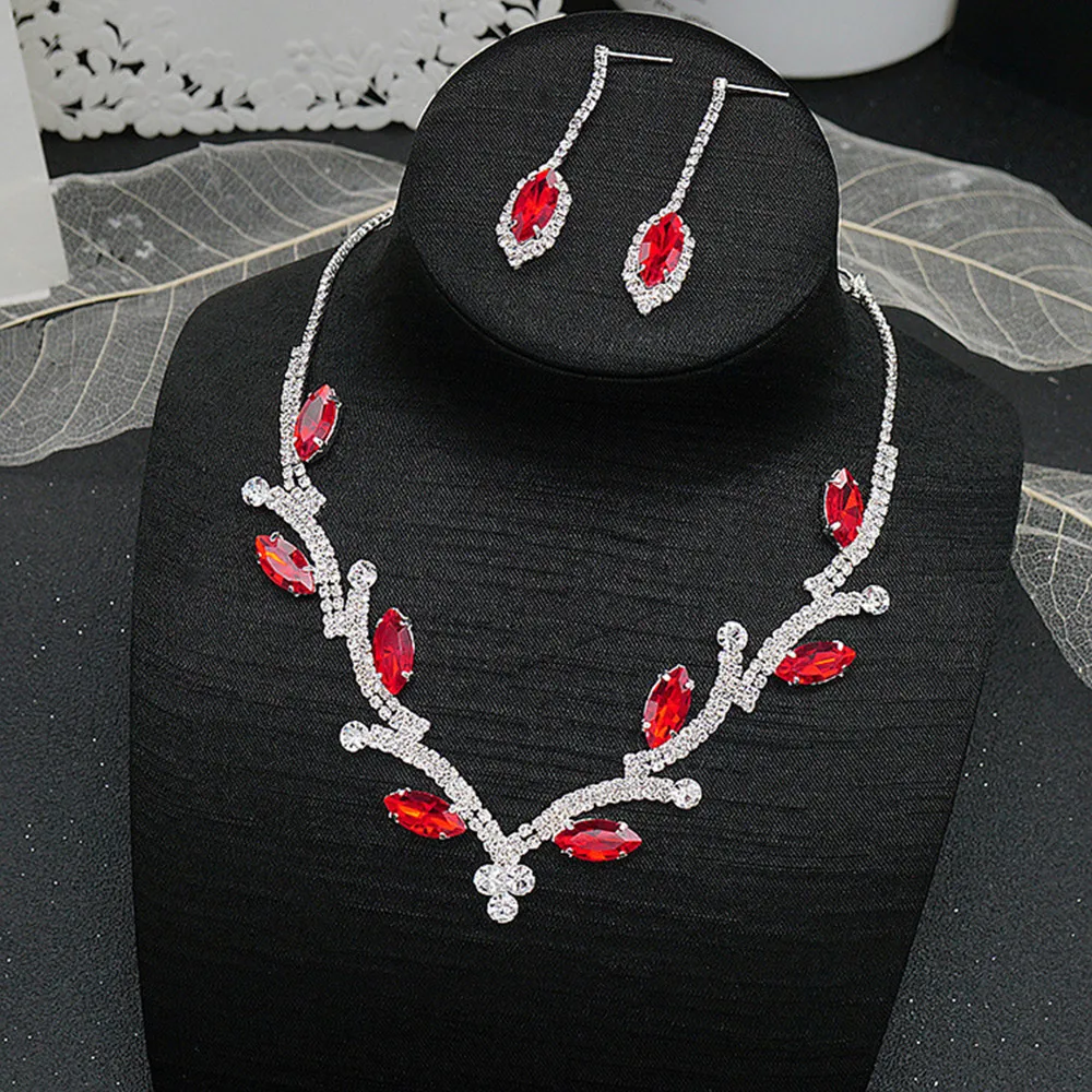 Luxury Colorful Crystal Irregular Leaf Shape Bridal Necklace Earrings For Women Bling Rhinestone Choker Necklace Wedding Jewelry