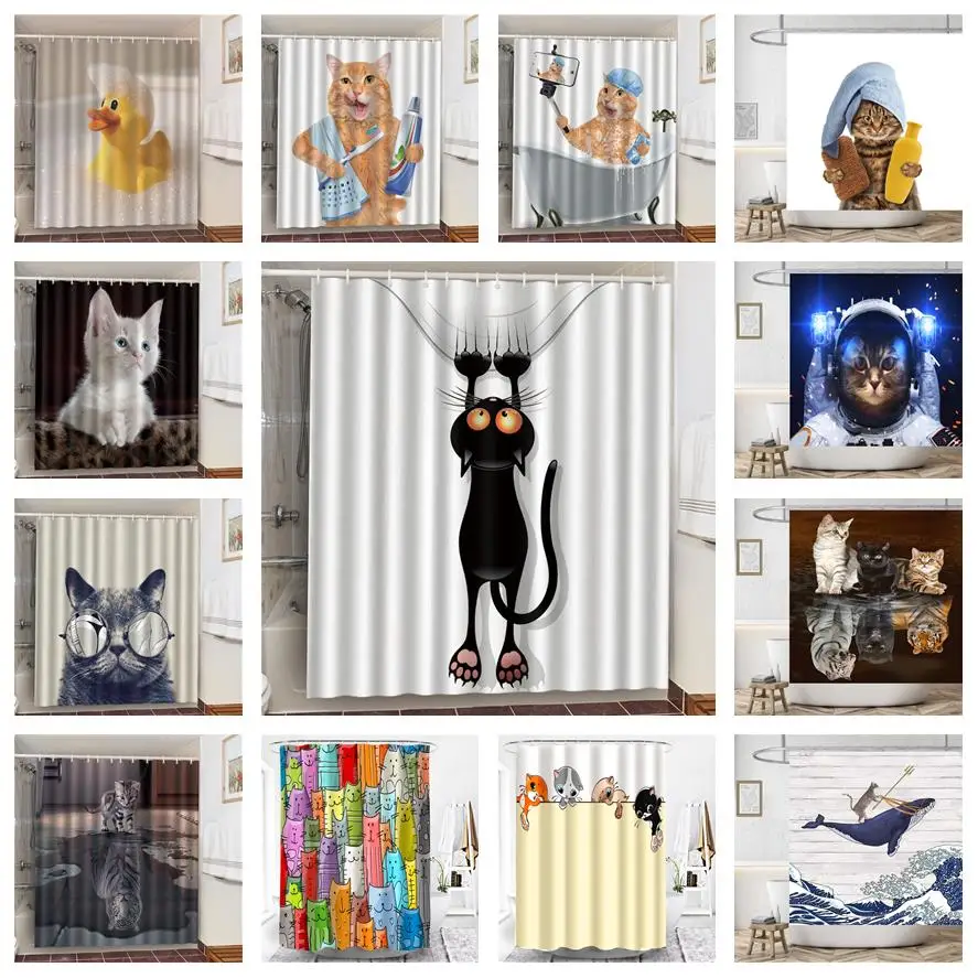 Shower Curtains Funny Shower Curtains Bathroom Curtain With Hooks Decor Waterproof Cute Cat Dinosaur Bath Polyester Fabric 3D Cortinas De Ducha