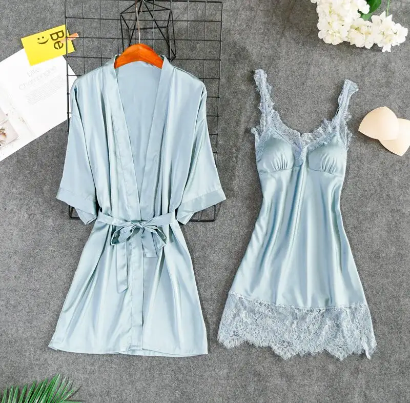 Cyan-Blue сексуальное ночное белье для женщин Ночное кружевное белье Camisola женское новое платье для сна с халат ночная Свадебная сорочка - Цвет: cyan-blue