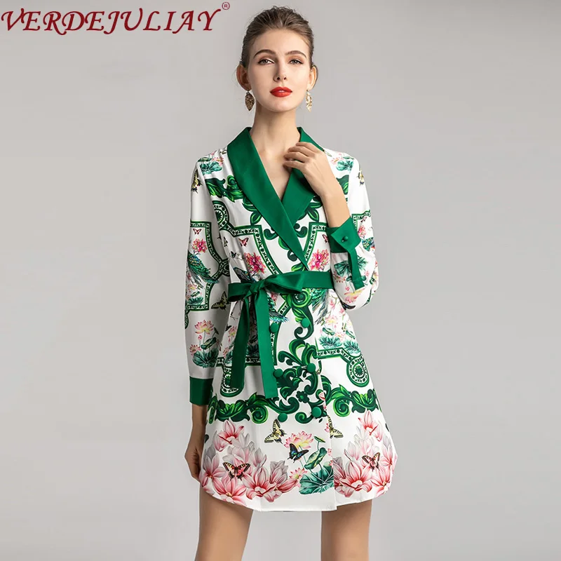 VERDEJULIAY, подиумное роскошное платье для женщин,, весна, осень, новая мода, пояс, зеленый цветок, принт, необычное, мини-платье-рубашка
