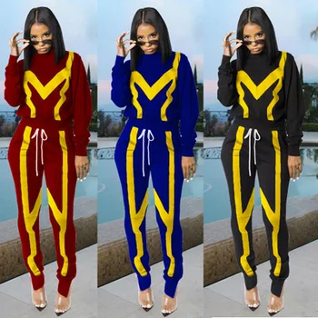 

2019 European and American women's autumn and winter fashion casual sweater stitching pants zipper pencil pants wild two-piece