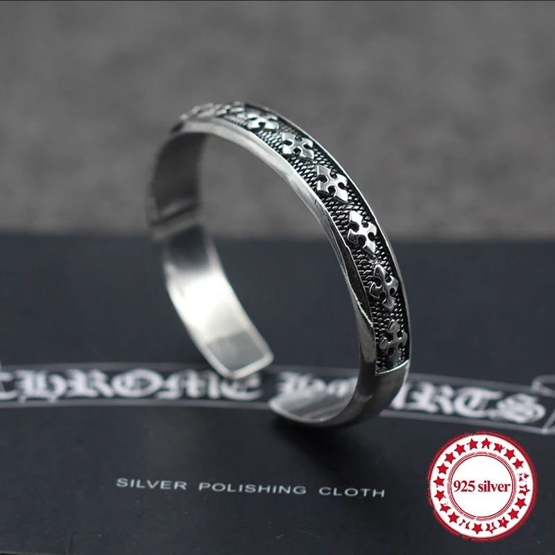 

S925 sterling silver men's bracelet personality vintage domineering fashion punk-style hip hop cross flower shape gift Bangles