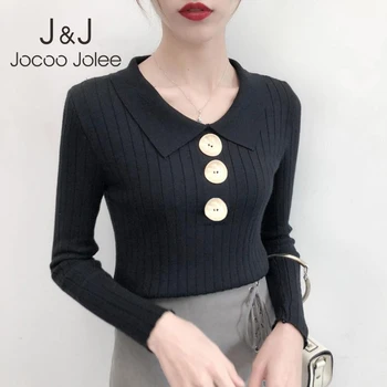 

Jocoo Jolee Winter Warm Korean Pop Knitted Sweater Long Sleeve V Neck Chic Slim Sweater 2019 Fashion Button Knitting Pullover