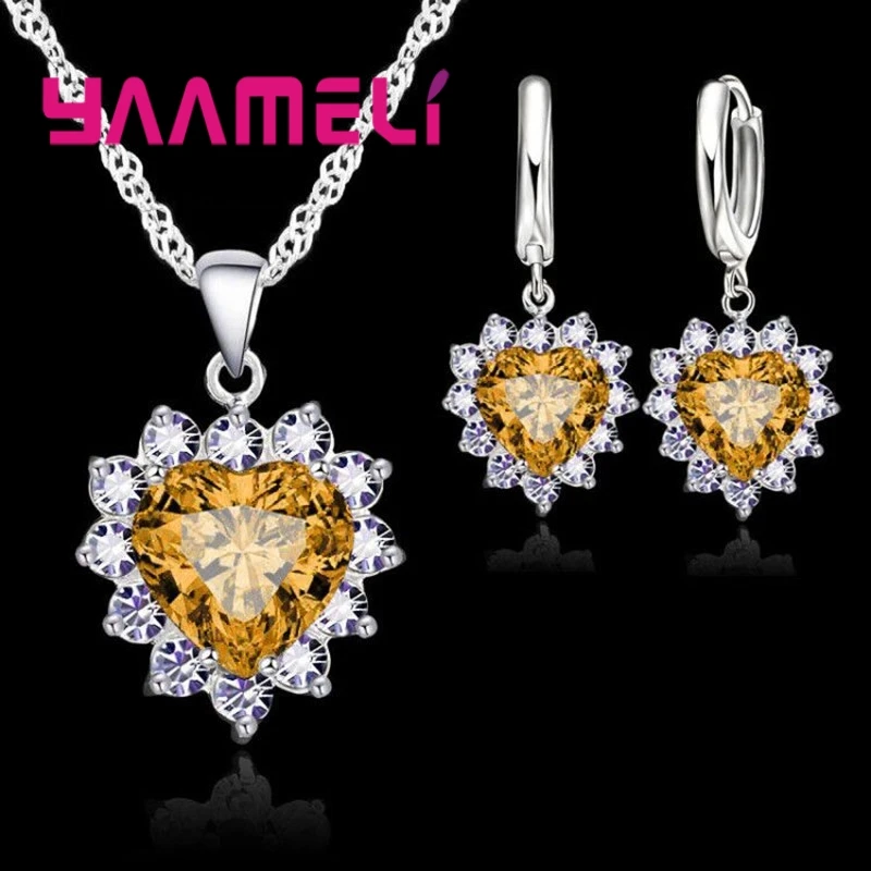 Trendy 925 Sterling Silver Jewelry Set for Women Heart CZ Stone Charm Pendants Necklaces Earrings LOVE Anniversary Gift 