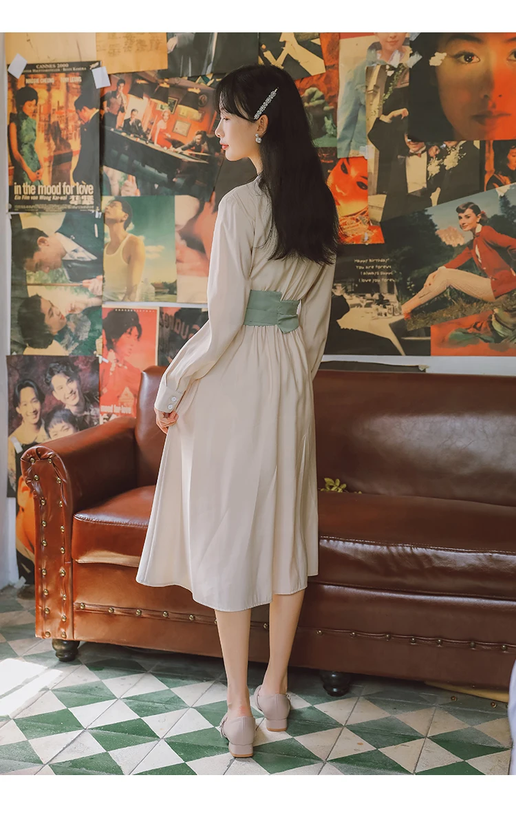Hanfu/винтажное платье в китайском стиле; сезон весна-осень; женские длинные платья с длинными рукавами и цветочной вышивкой из хлопка абрикосового цвета
