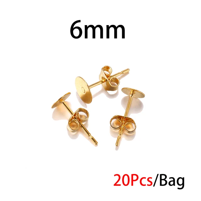 20-100pcs/lot Gold Stainless Steel Blank Post Earring Studs Base Pins With Earring Plug Findings Ear Back For DIY Jewelry Making 6 x 12mm