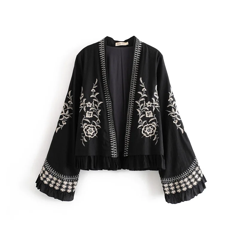 

WT607 Autumn Women National Design Front Back Floral Embroidery Flare Sleeve Open Stitch Cotton Cardigan Coat