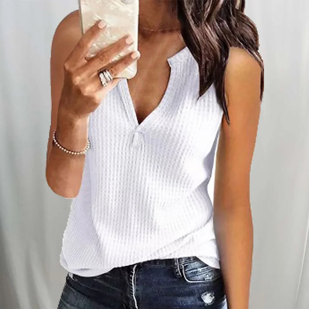 

2019 Women Summer Knit Vest Plain T Shirt Blouse Sleeveless V Neck Top Plus Size