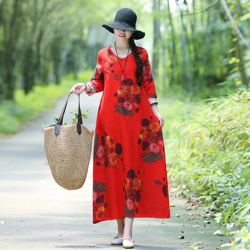Womens Vintage Loose Long Dress Cotton Linen Casual Floral Printed Long Robe SZ
