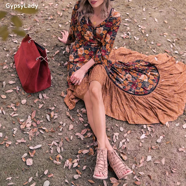 женское винтажное платье макси gypsylady осеннее с длинным рукавом фотография