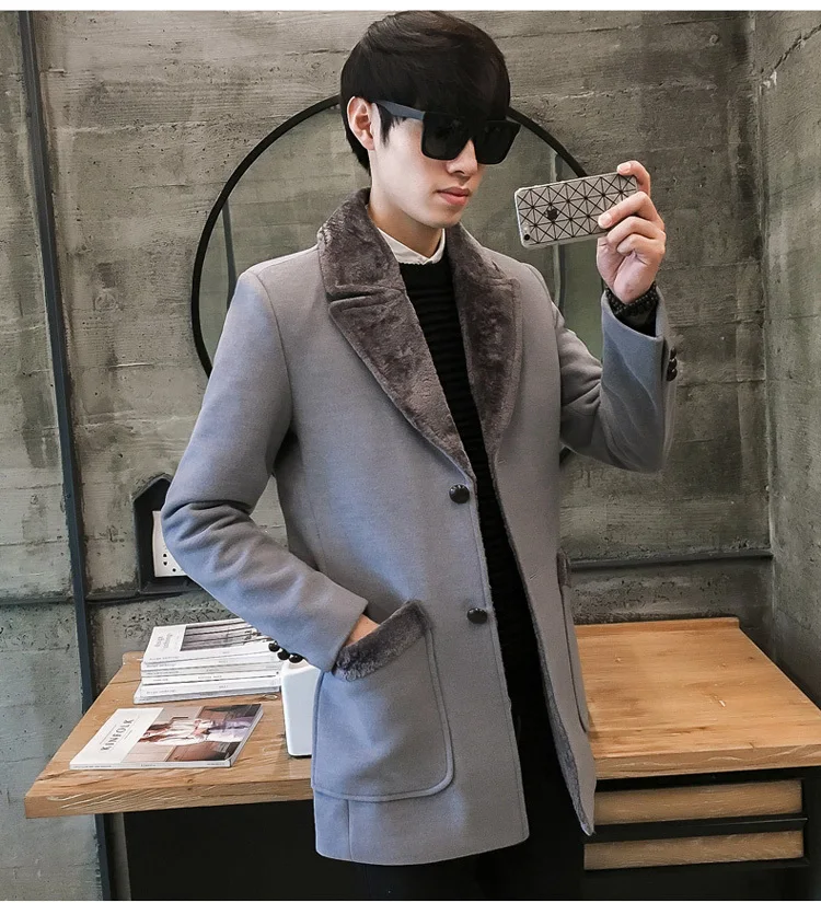 Fur Collar Trench Coat Men Wool Blend Winter Coat Slim Fit Men Manteau Homme Mid-Long Black Grey Mens Trench Coat Blue 4xl 5xl