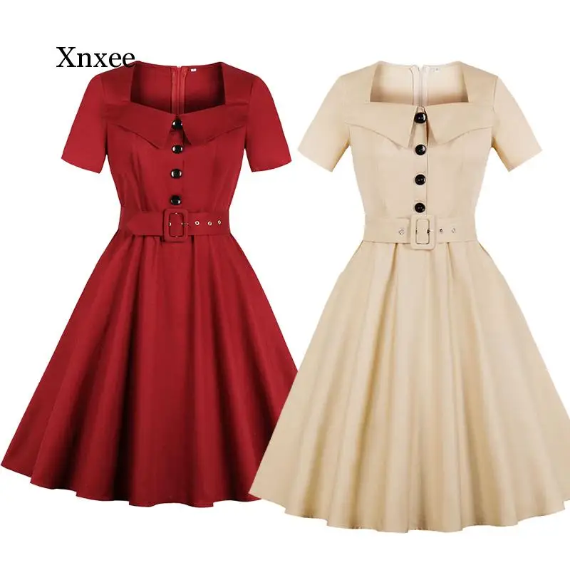 

Women Vintage Summer Trumpt Dress Square Neck Button Zipper Short Sleeve Elegant Retro Party Girl Expansion Bodycon