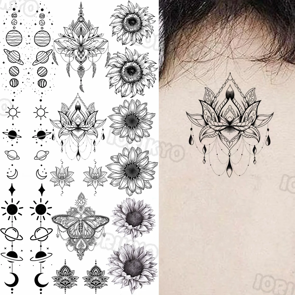 Black Henna Lotus Temporary Tattoos For Women Girls Realistic Cosmic Sun  Flower Waterproof Fake Tattoo Sticker Back Neck Tattoo - Temporary Tattoos  - AliExpress