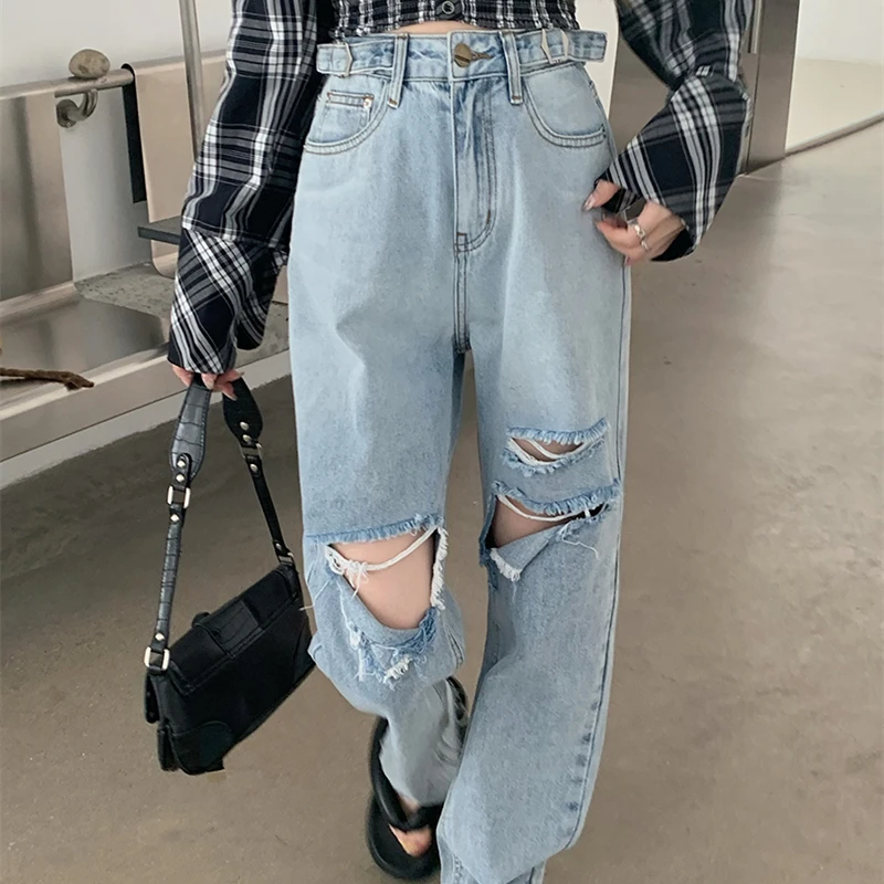 

Streetwear High Waist Women Ripped Jeans New 2021 Fall Hip Hop Y2K Blue Straight Pants Baggy Korean Wide Leg Denim Trouser