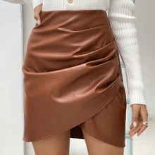 Tops Women 2021 Design Irregular Leather Skirt Female A-line Skirt High Waist Hip Wrap Skirt Semi Raw Skirt Female юбка женская